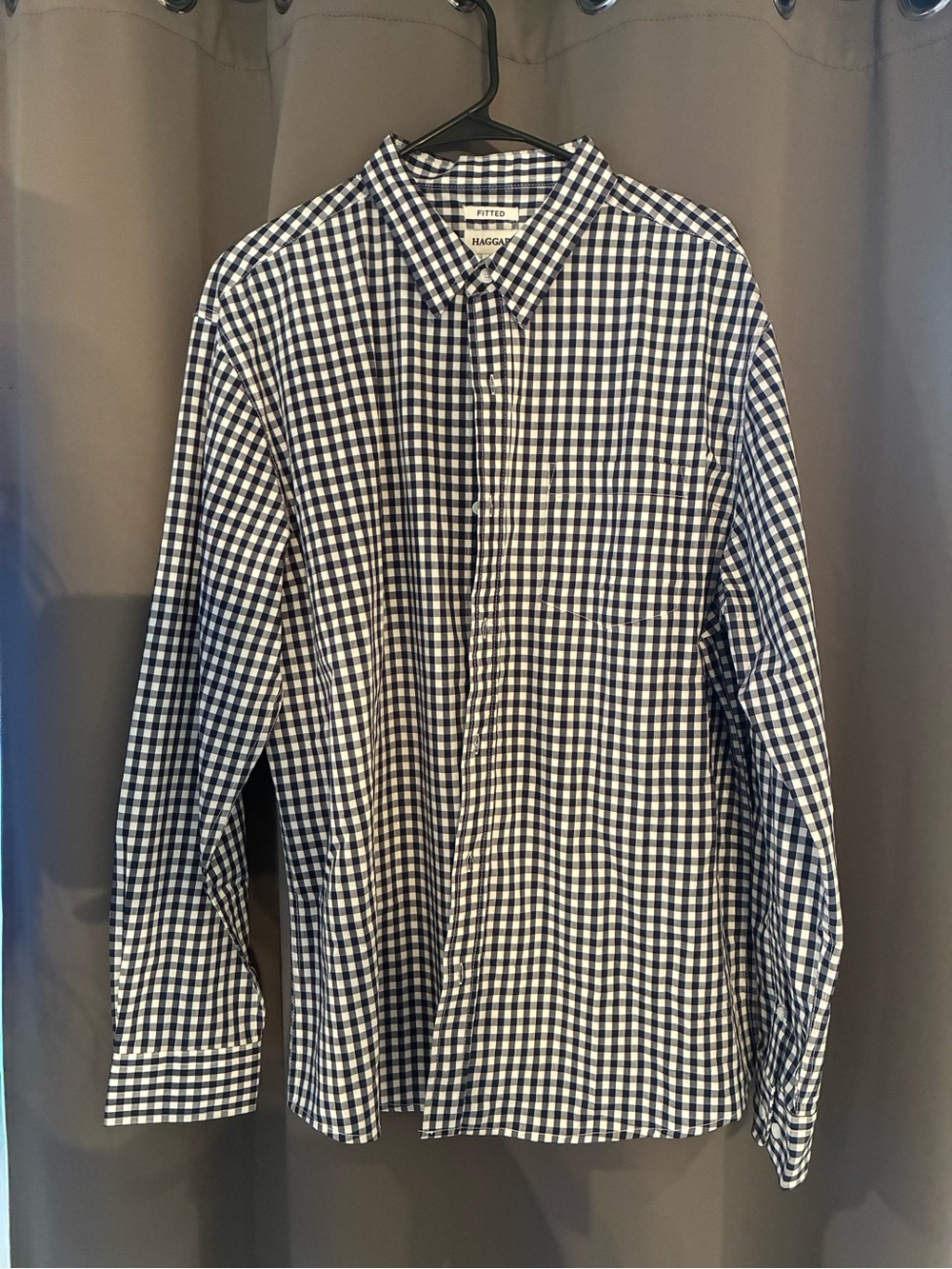 Men’s Haggar Navy and White Plaid Fitted Button Down Dress Shirt Size XL